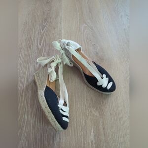 PICON Cream & Black  Ribbon Stitching Wedge Espadrille Handmade Spain Sz 7.5 New